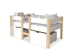 Cama infantil 90x200cm em madeira de pinho maciça com gaveta e proteção contra quedas, branco e carvalho PAPRIKA