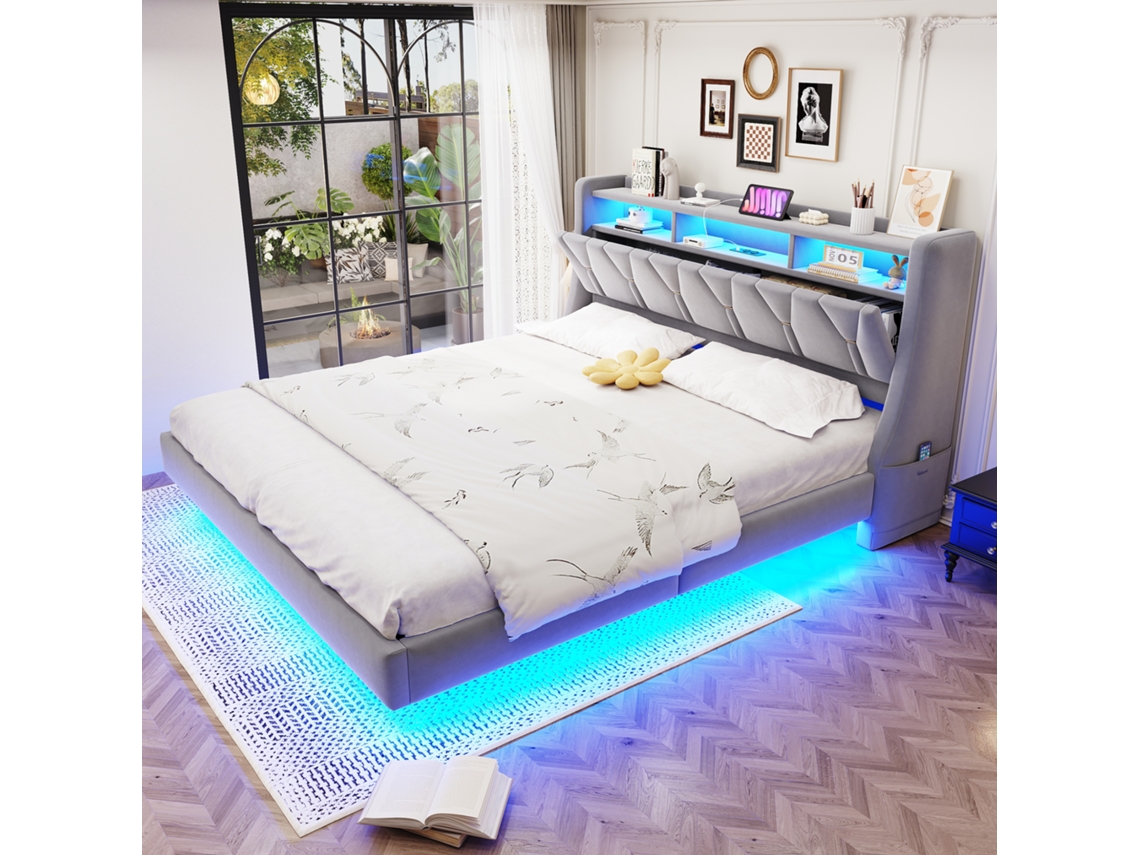 Cama Poltrona 180x200cm Reclinável Tomada Prateleira Led Cinza Claro