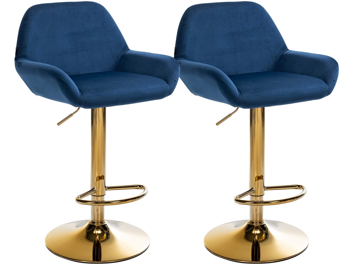 Conjunto de 2 banquetas de bar com apoio para os pés integrado, estofamento em veludo azul, estrutura em metal dourado, Tdb10735, Décoshop26