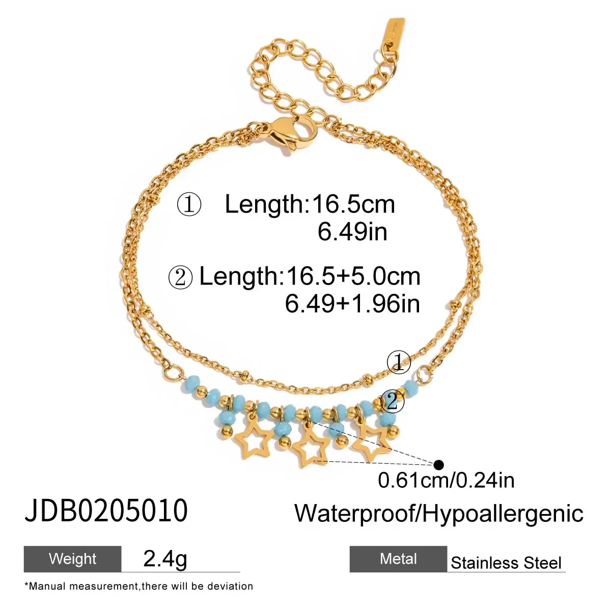 Pulseira Com Design De Estrela E Lua Em Zircônia Azul, Banhada A Ouro, À Prova D'água, Estilo Resort.
