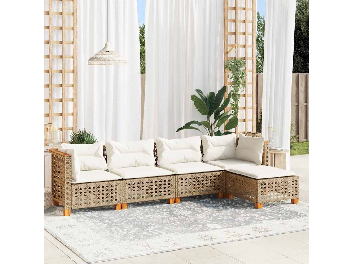 Vidaxl 5 Pcs Conjunto De Sofás P/ Jardim Com Almofadões Vime Pe Bege
