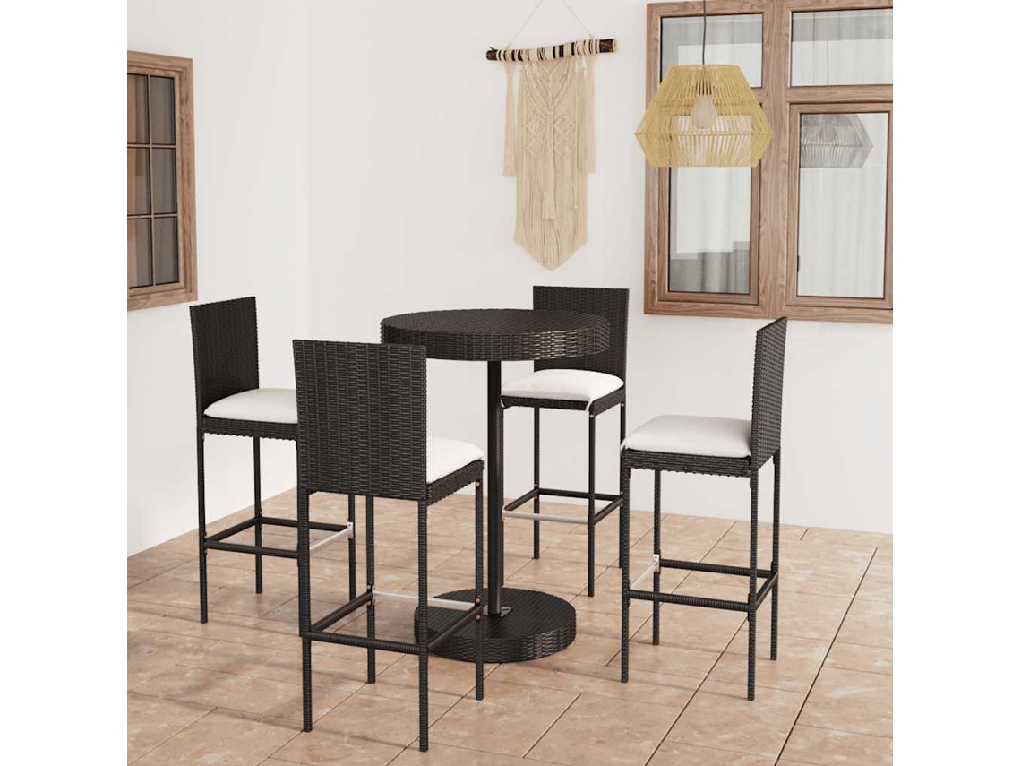Vidaxl 5 Pcs Conjunto De Bar P/ Jardim C/ Almofadões Vime Pe Preto