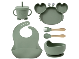 6 Conjuntos De Talheres De Silicone Verde Para Bebês: Pratos, Tigelas, Copos, Aventais E Talheres Com Estampa De Caranguejo