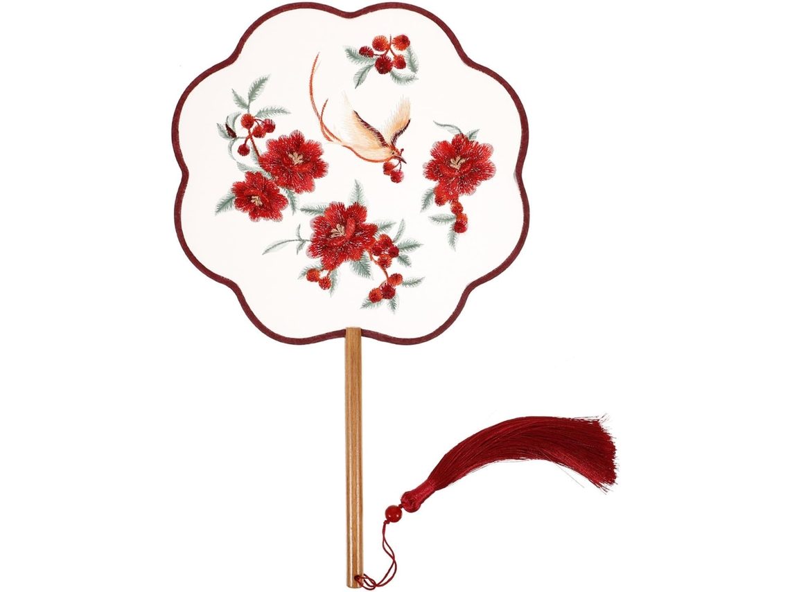 Leque Chinês Redondo Bordado Vermelha Genuína Madeira Acessório Elegante Decoração Clássica Tradicional Seda GOKOCO