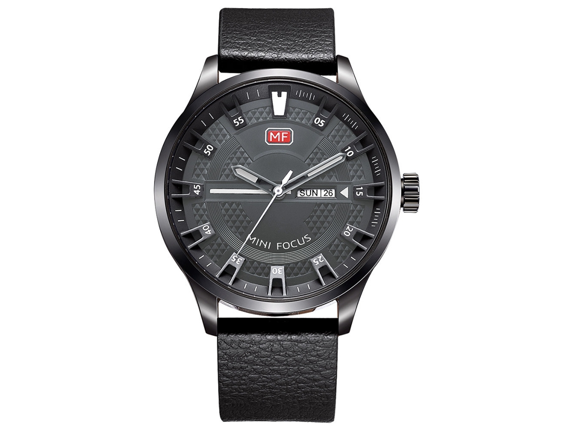 Relógio de pulso masculino Mini Focus analógico de quartzo com pulseira de couro à prova d'água, cinza/preto.