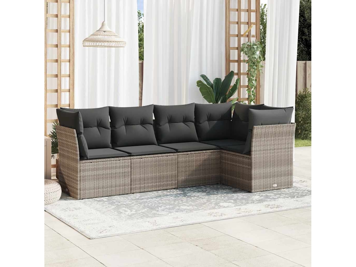 Vidaxl 5 Pcs Conj. Sofás Jardim C/ Almofadões Vime Pe Cinzento-claro