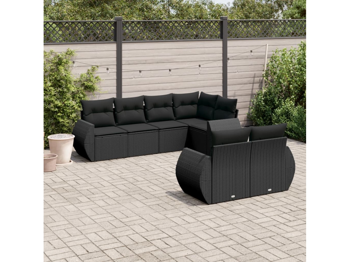 Vidaxl 7 Pcs Conjunto De Sofás P/ Jardim C/ Almofadões Vime Pe Preto