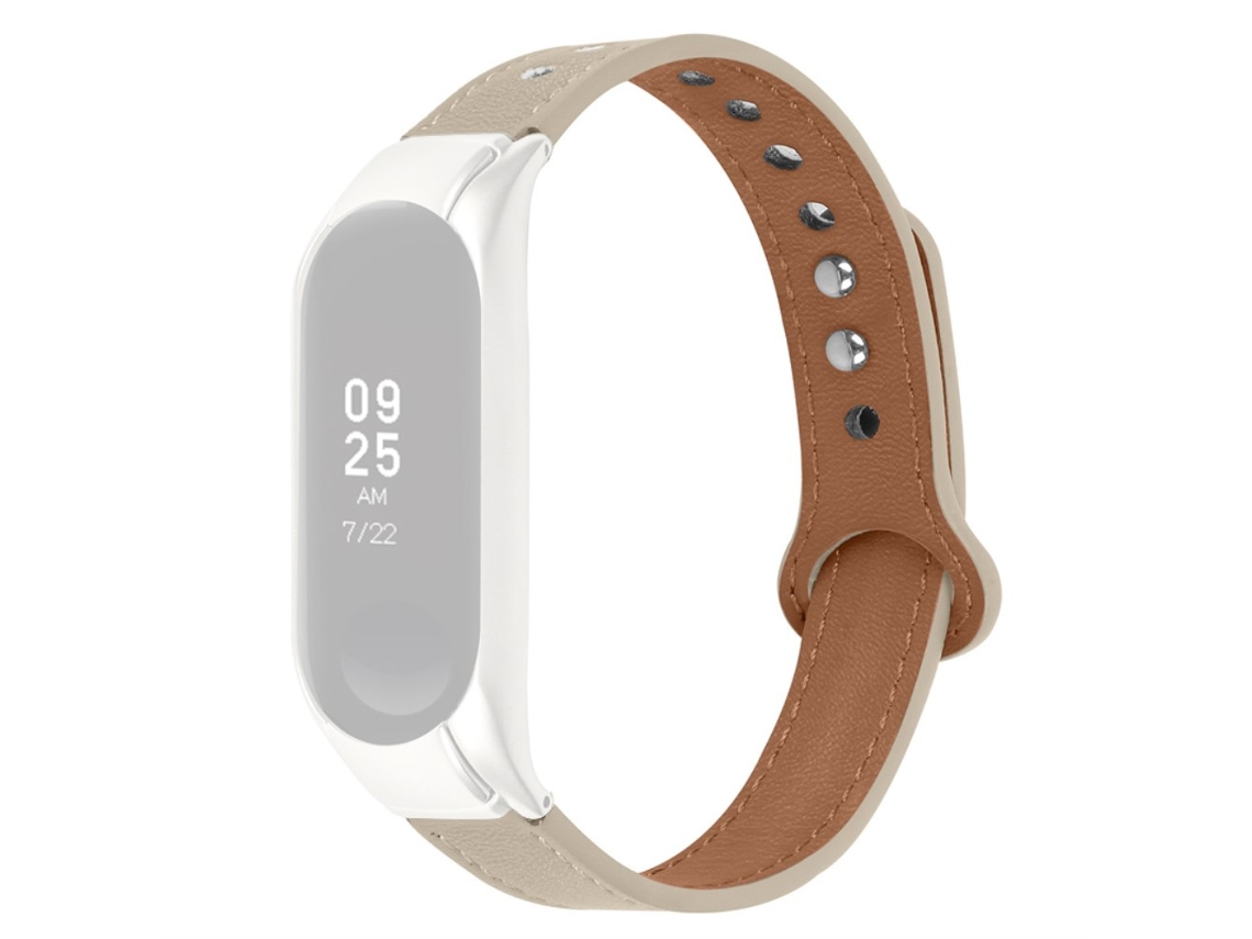 Bracelete de Couro Genuíno Design de Rebite Duplo para Xiaomi Mi Band 3/4 Branco Marfim