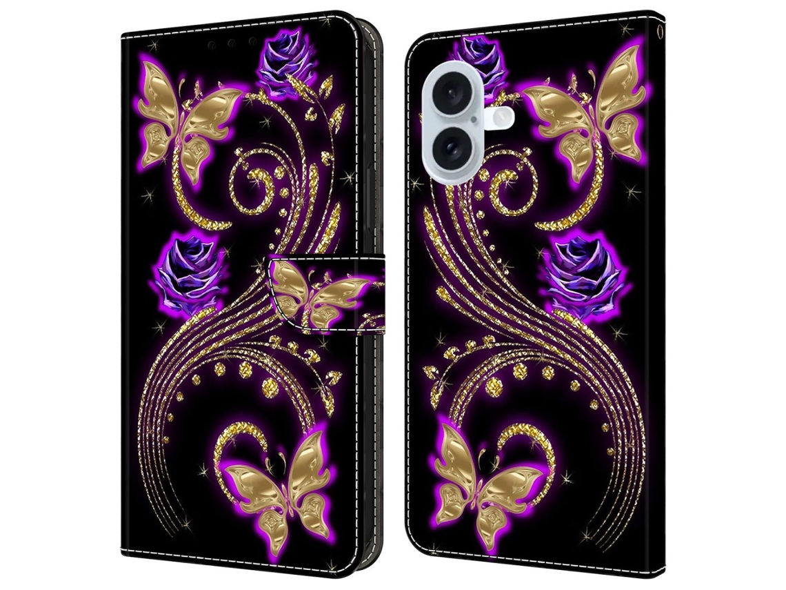 Capa Em Couro Pu Com Suporte Para Apple Iphone 16 - Flores/borboletas Roxas