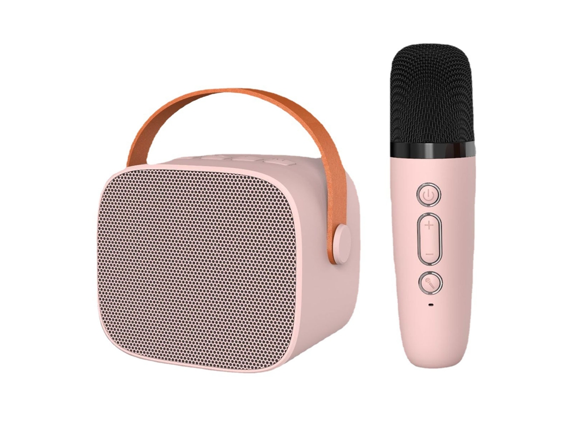 Máquina de Karaokê Mini Portátil com Alto falante Bluetooth e Microfone Som Hifi Rosa