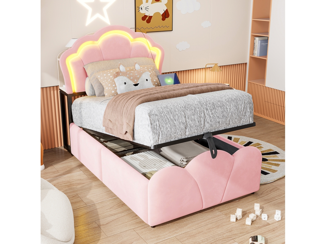 Cama Estofada Em Veludo Rosa 102.5x223 Cm