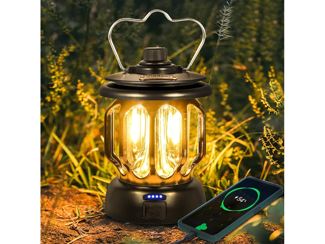 Lâmpada De Acampamento Recarregável Usb Led Preta Vintage Com Luz Branca Quente Regulável, 5200mah, Banco De Energia Para Acampame Aquaforge