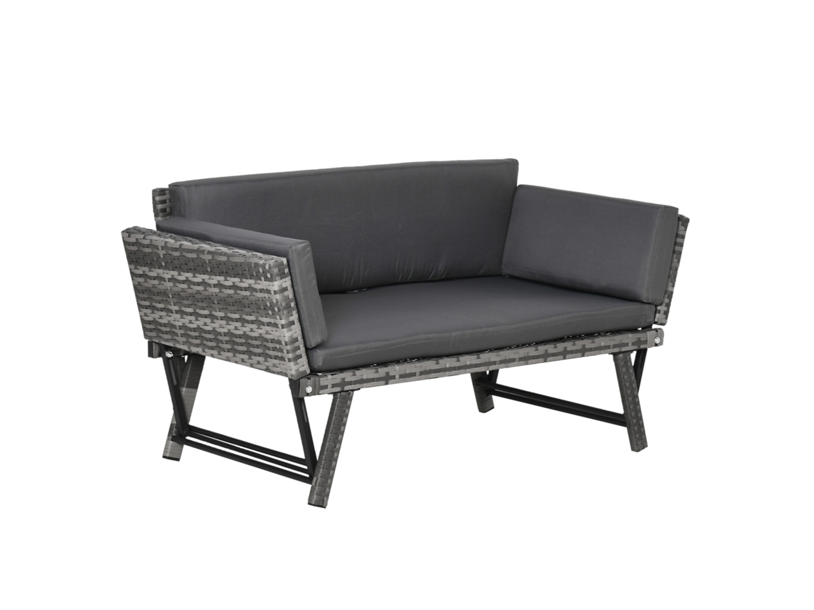 Sofá de Jardim 2 lugares em Rattan cinza 129x63x67 cm com almofadas e braços rebatíveis | S/MARCA