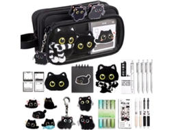 Estojo Lápis Gato Preto Com 10 Camadas, De Fofo Gato, Conjunto Papelaria Destacável De Grande Capacidade,