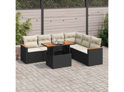 Vidaxl 7 Pcs Conjunto Sofás Jardim C/ Almofadões Vime Pe/acácia Preto