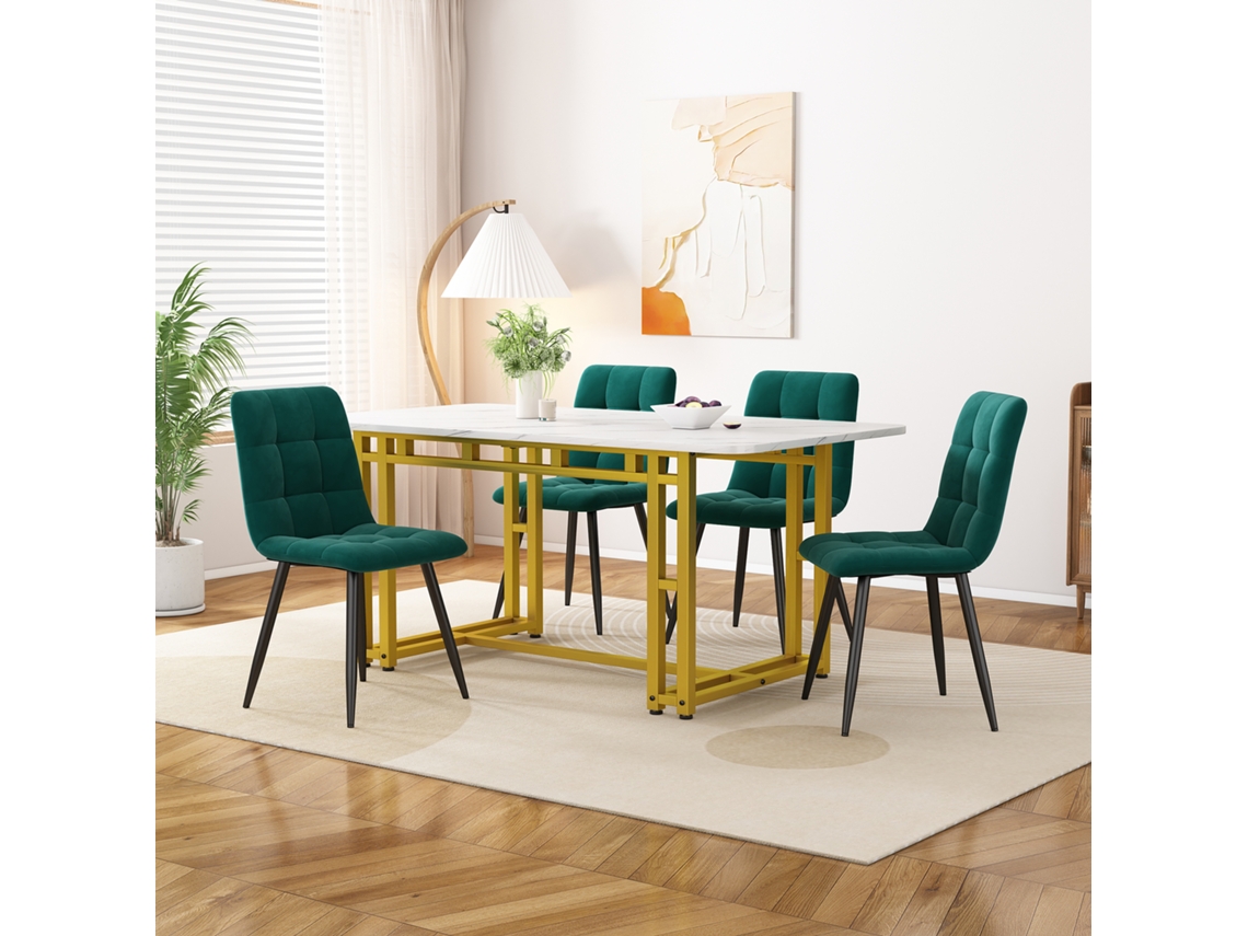Conjunto Moderno De Mesa E Cadeiras De Jantar Para Cozinha, Cadeiras De Jantar Em Veludo Verde Escuro.