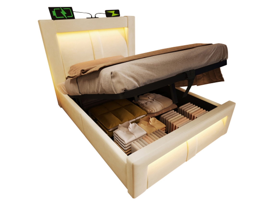 Cama de Solteiro DELCOND 90x200 Cm com Armazenamento, Hidráulica, Luz Led, Usb e Colchão