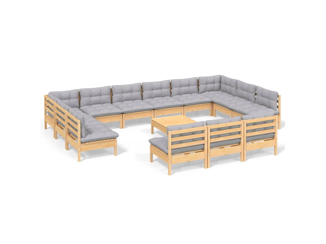 Conjunto de 14 Lounge de Jardim com Almofadões Cinza Pinho Maciço MAISON EXCLUSIVE