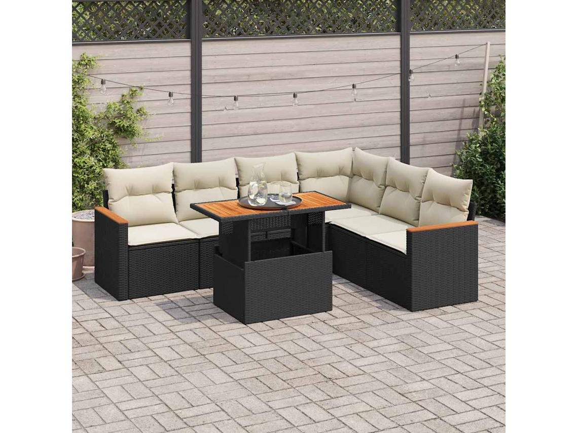 Vidaxl 7 Pcs Conjunto Sofás Jardim C/ Almofadões Vime Pe/acácia Preto