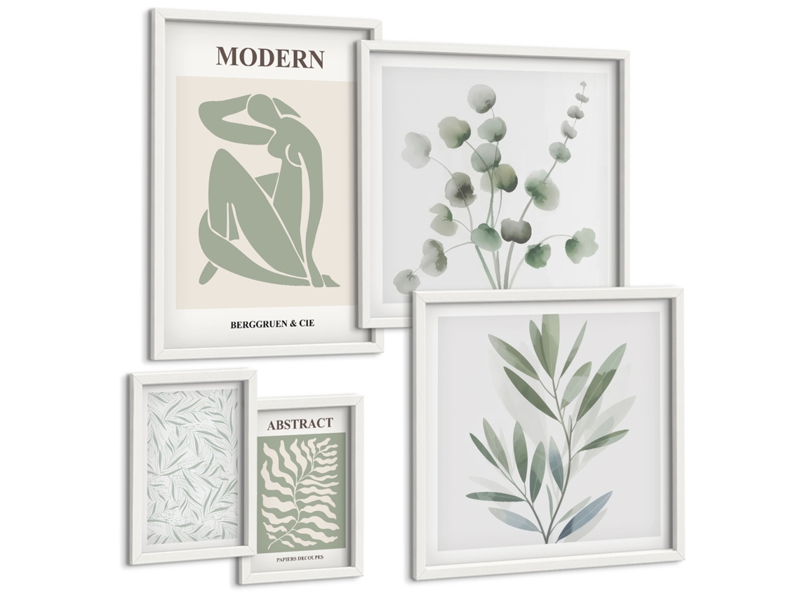Galeria De Pinturas Murais Ilustrações De Folhas Verdes Pintadas Moldura Branca Quadros Para O Escritório Espelharte (conjunto De 5 Imagens)