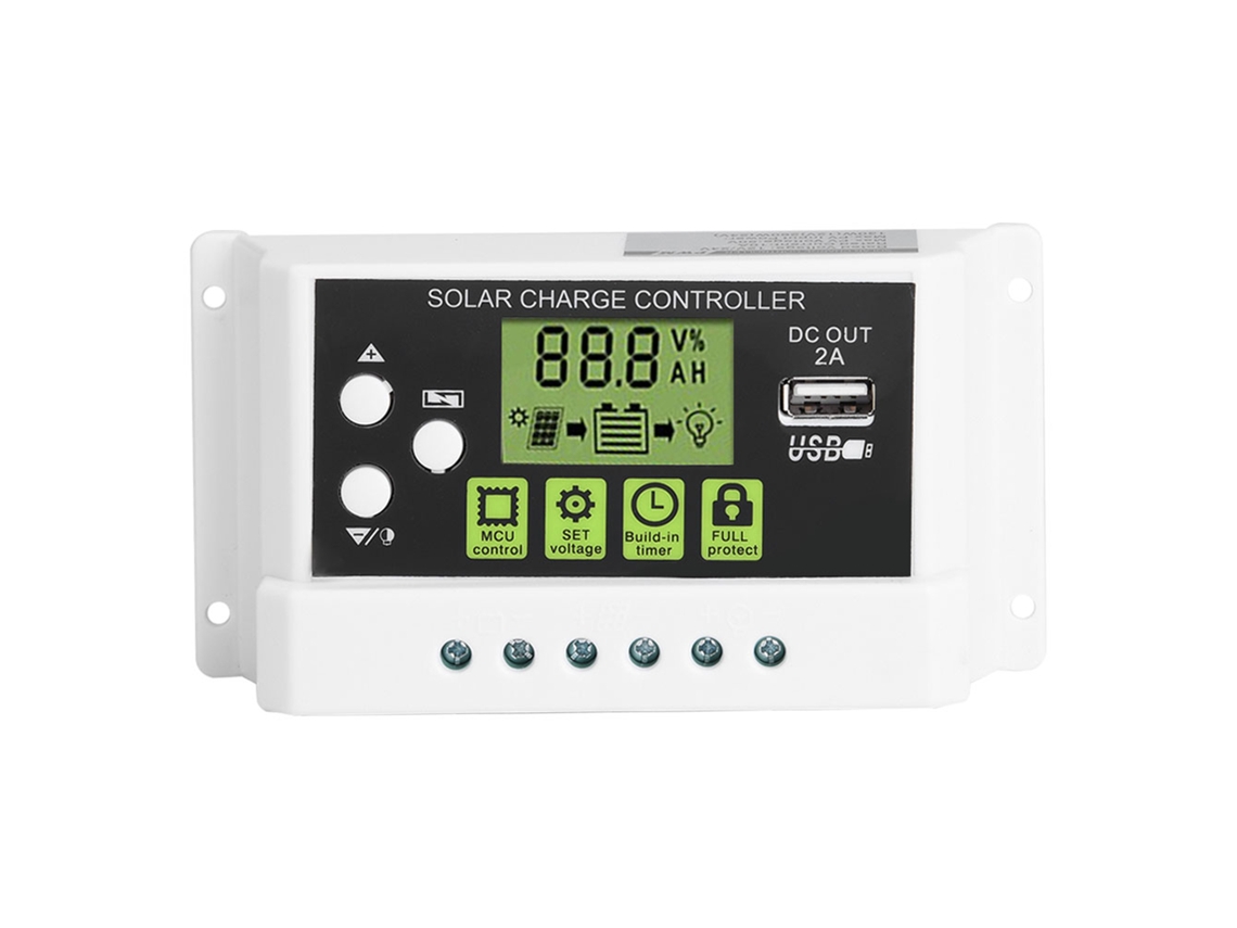 Controlador de carga solar PWM com LCD e saída USB 12V/24V 10A