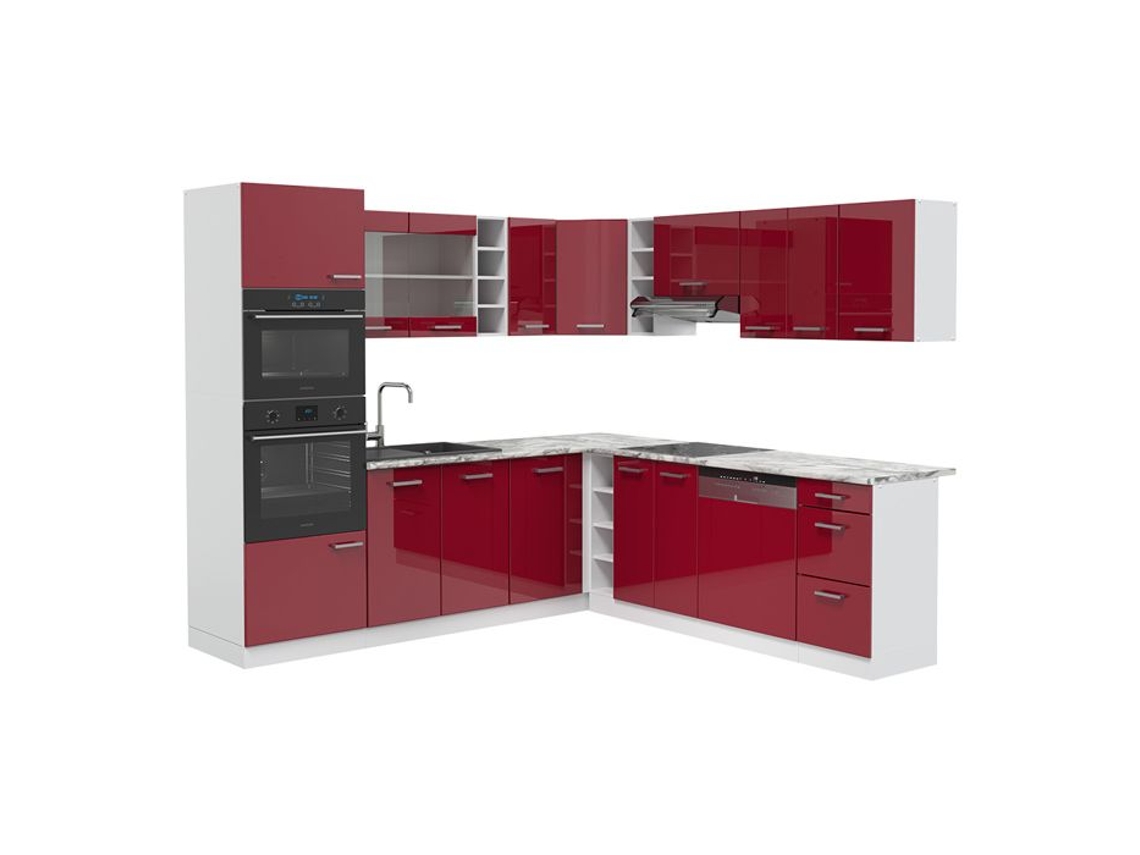 Cozinha de canto R-Line, 237 x 60 cm, Mármore PT, Bordeaux alto brilho/branco, Vicco
