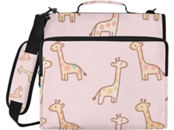 Pasta de Argolas 3,8 Cm com Estampa Girafa Rosa, Fecho Zíper e Alça Vários Bolsos. Ideal para Guardar Document