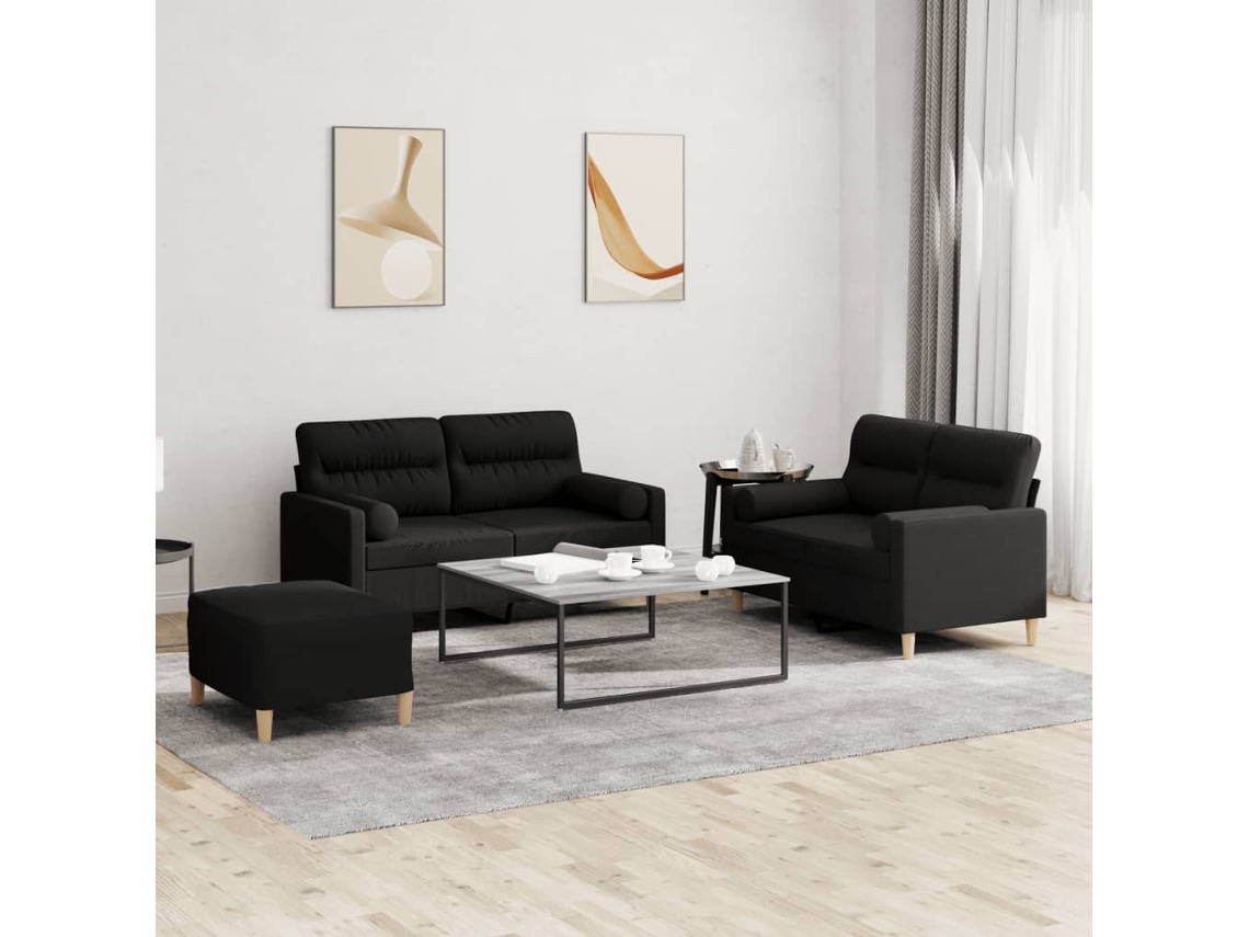Vidaxl 3 Pcs Conjunto de Sofás com Almofadas Tecido Preto
