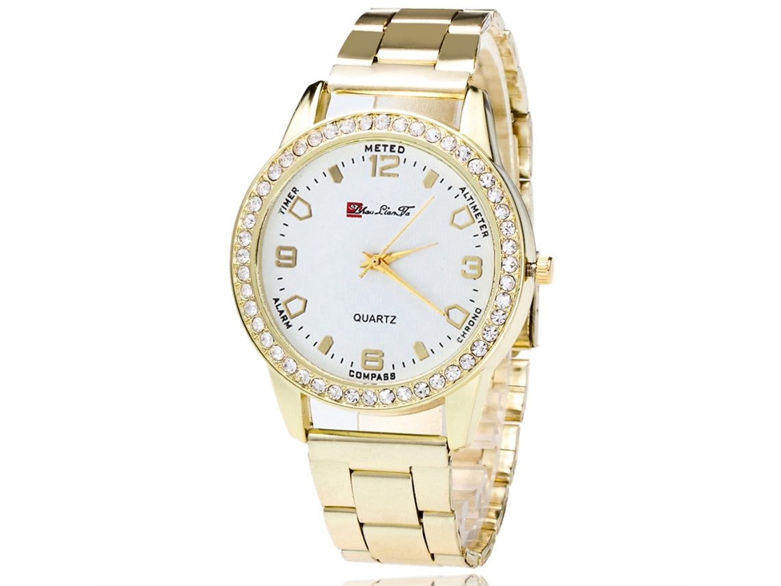 Relógio de pulso unissex, moderno e casual, com strass e pulseira de aço dourado.