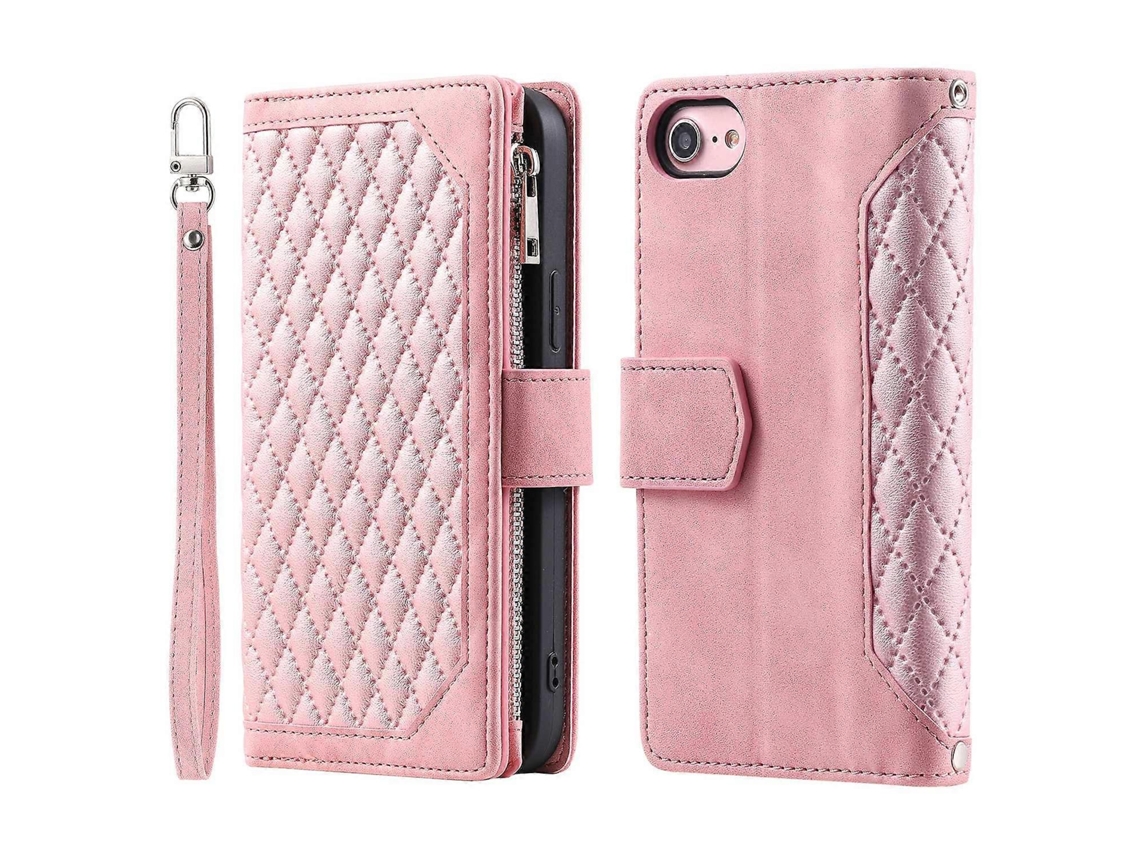 Capa Tipo Carteira De Couro Com Zíper E Alça Para Iphone 16e - Ouro Rosa