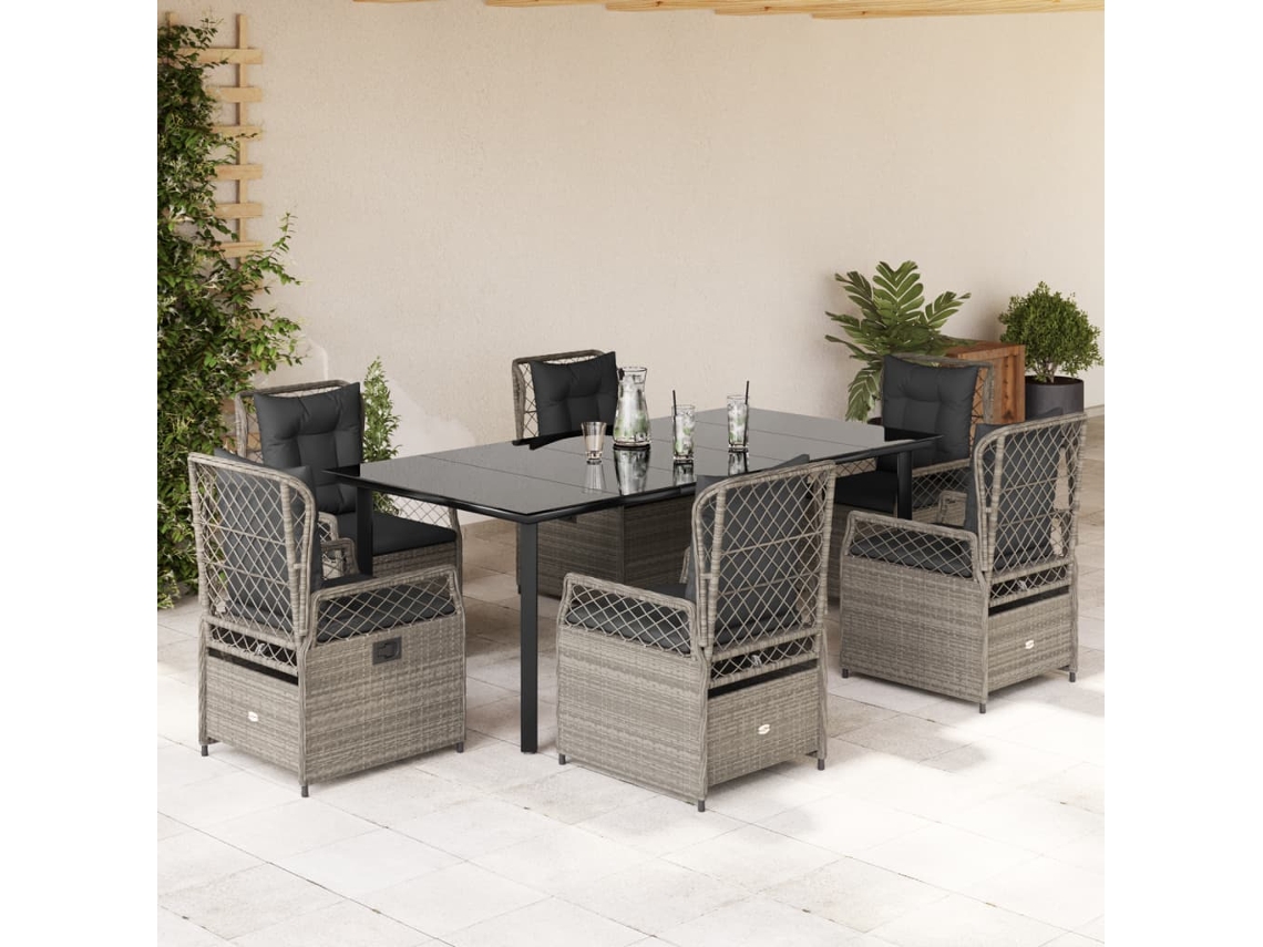Vidaxl 7 Pcs Conj. Jantar P/ Jardim C/ Almofadões Vime Pe Cinza-claro
