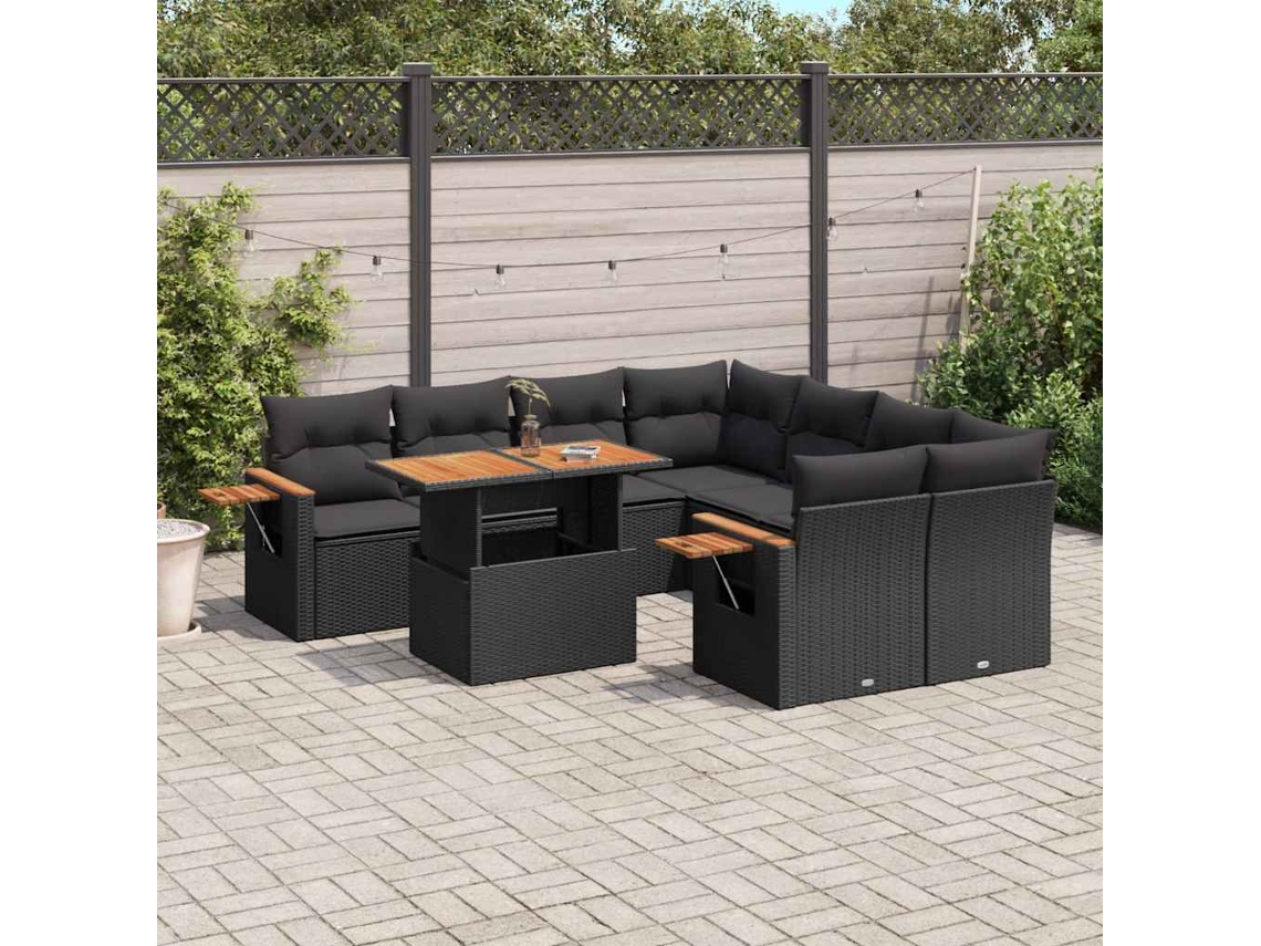 Vidaxl 9 Pcs Conjunto De Sofás P/ Jardim C/ Almofadões Vime Pe Preto