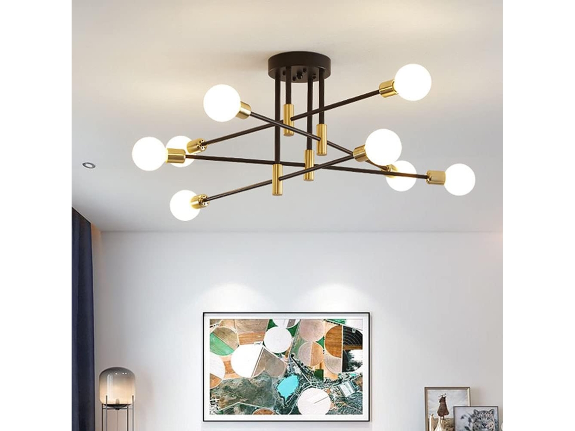 Lustre Moderno Industrial Preto e Dourado 8 Luzes Ajustável Semi Flush Mount para Sala Cozinha Restaurante