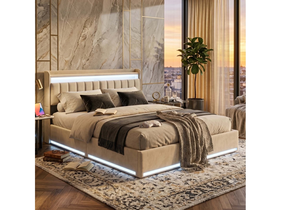 Cama Casal Veludo Bege com Led Rgb, Cabeceira Arrumação, Carregador Usb/type c e Hidráulica, 140x200 Cm LAZYSPACE