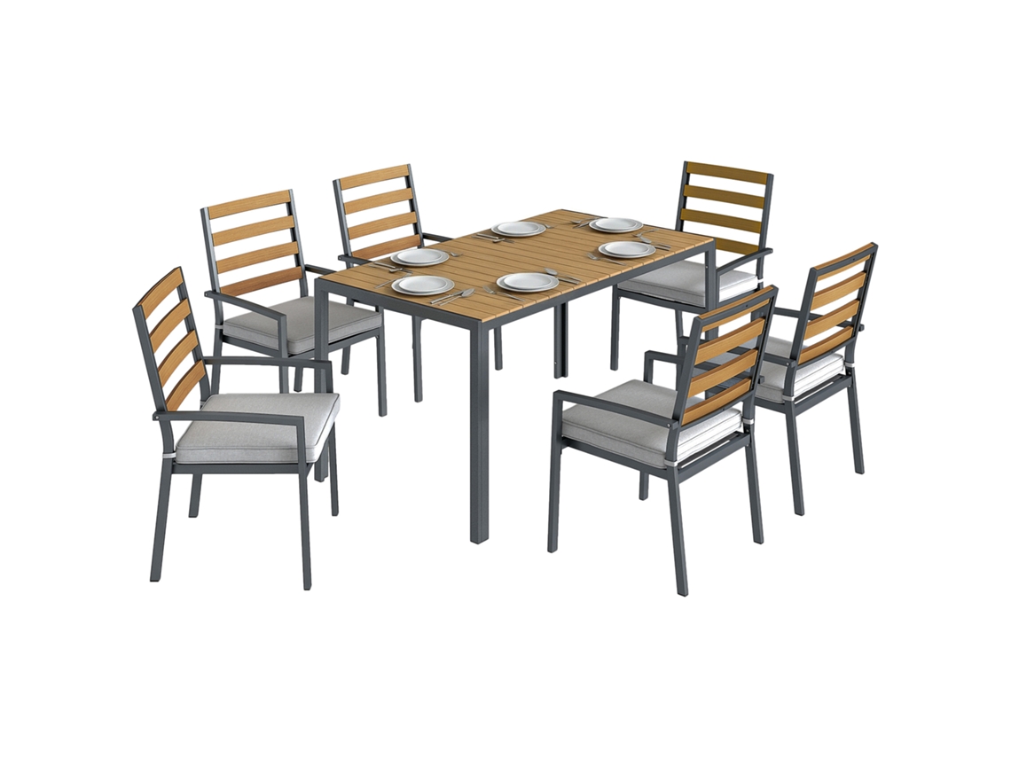 Conjunto de Jardim 7 Peças S/MARCA (mesa e 6 cadeiras de madeira natural, com almofadas, para terraço)