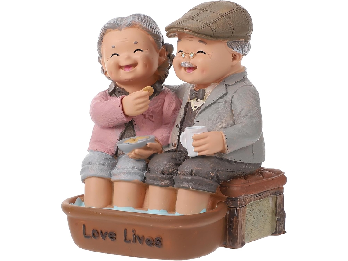 Estátua Resina Casal Idosos Decoração Romântica Design Compacto Fácil Limpar Escova Ideal Casamentos GOKOCO