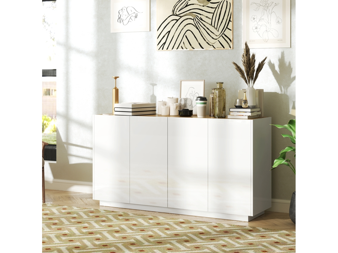 Credenza Moderna Con Armadietti A 2 Ante, Chiusura Ammortizzata E Ripiani Regolabili, 140x40x75cm, Bianco Lucido