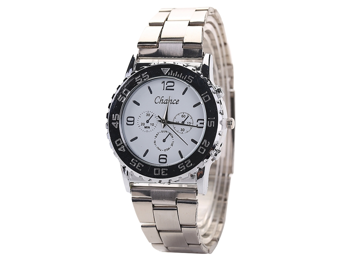 Relógio de pulso masculino casual de quartzo com pulseira redonda de liga metálica, branco moderno.