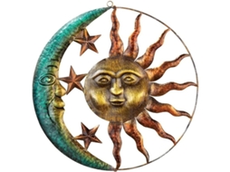 Mural decorativo de sol e lua em metal, criativo para ambientes internos e externos.