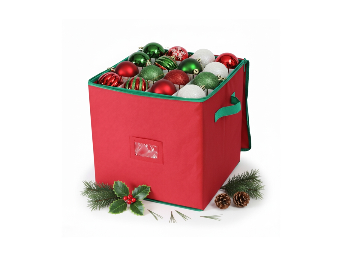 Caixa Organizadora Para Bolas De Natal Relaxdays, 64 Bolas, 33 X 33 X 33 Cm, Poliéster, Cartão, Vermelho/verde.