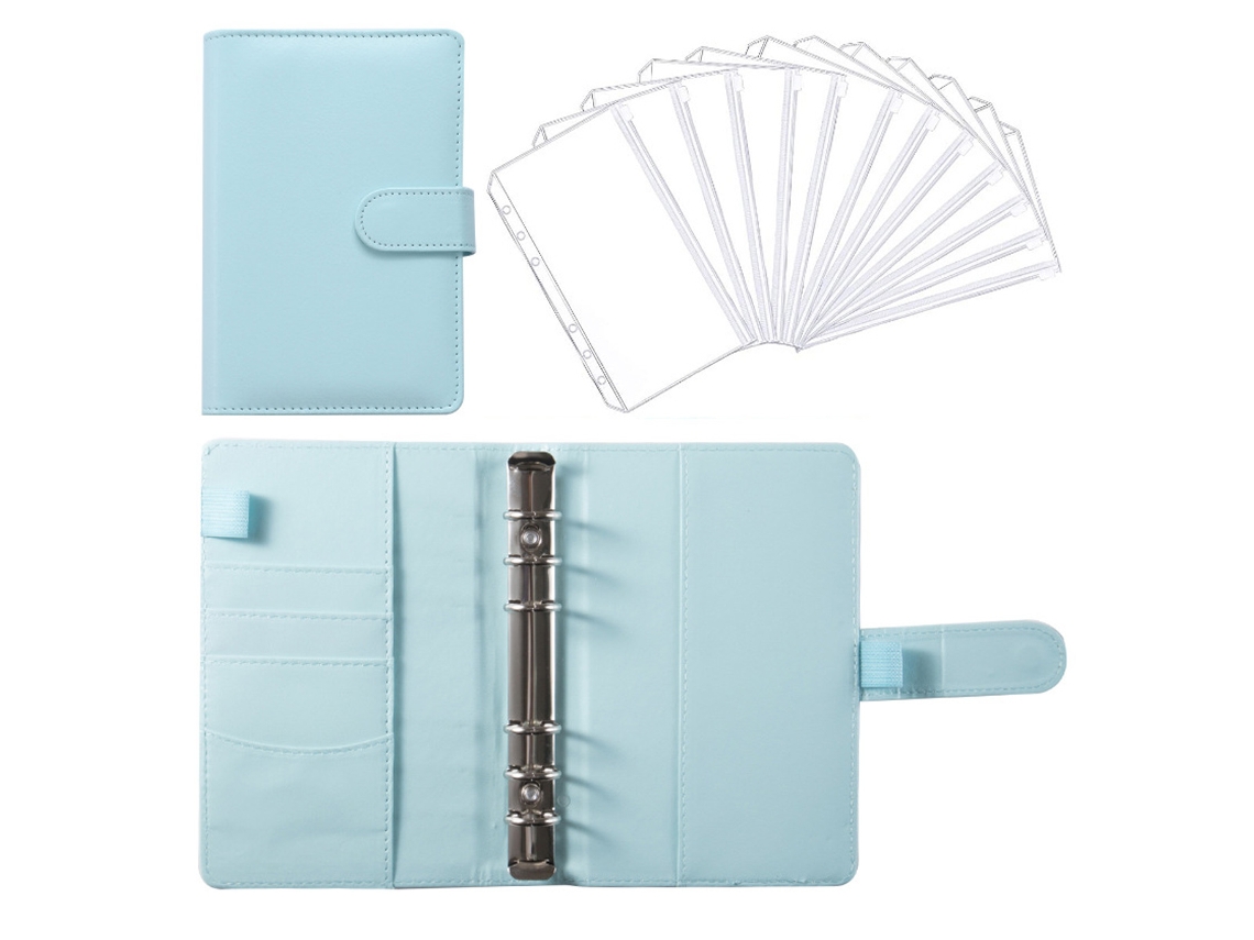 Pasta De Notebook A6 Em Couro Pu Recarregável Com 12 Bolsos Com Zíper De Folhas Soltas Planner Binder Com Fecho De Fivela Azul ZMDECQNA