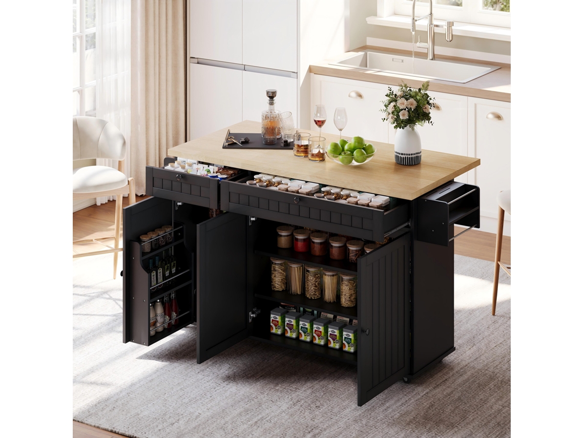 Ilha Cozinha Preta 137x89,5x45cm, Bancada Dobrável, 6 Rodízios, Prateleiras, 2 Gavetas E Armário.-lb