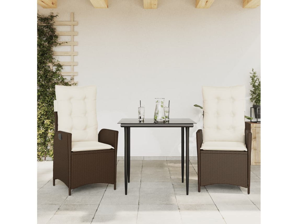 Vidaxl 3 Pcs Conjunto Jantar P/ Jardim C/ Almofadões Vime Pe Castanho
