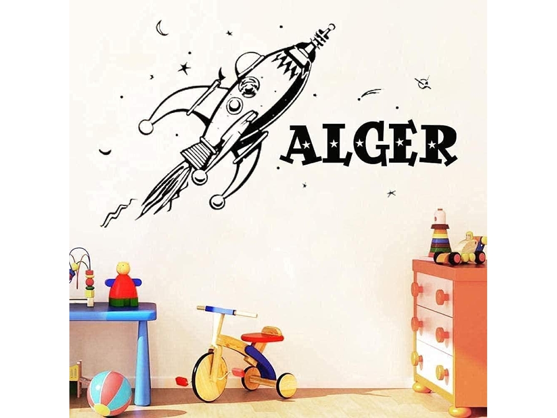 Adesivos de parede retrô com foguete e planeta para quarto infantil, adesivos decorativos de vinil com personalidade, 48x80cm