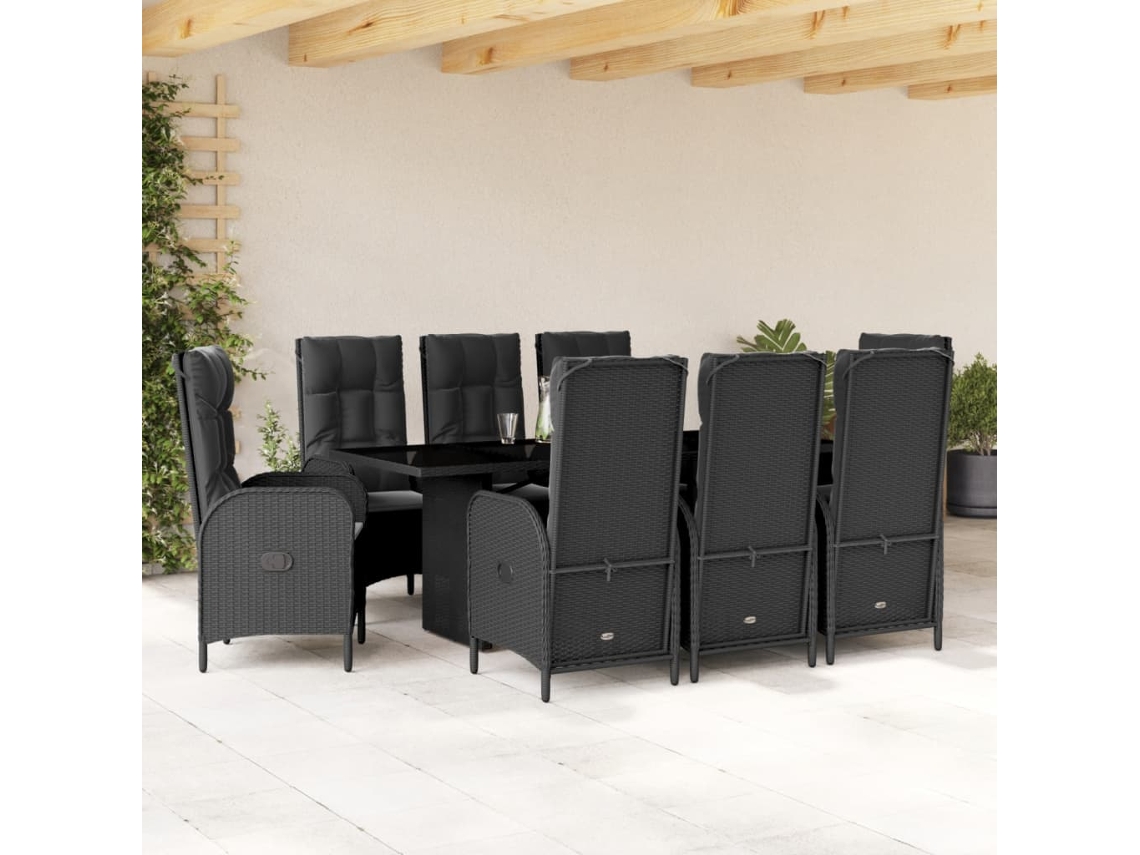 Vidaxl 9 Pcs Conjunto De Jantar P/ Jardim C/ Almofadões Vime Pe Preto
