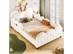 Cama De Plataforma Estofada 90x200 Cm Com Almofada Em Formato De Coelho, Tecido Macio, Design Infantil, Bege