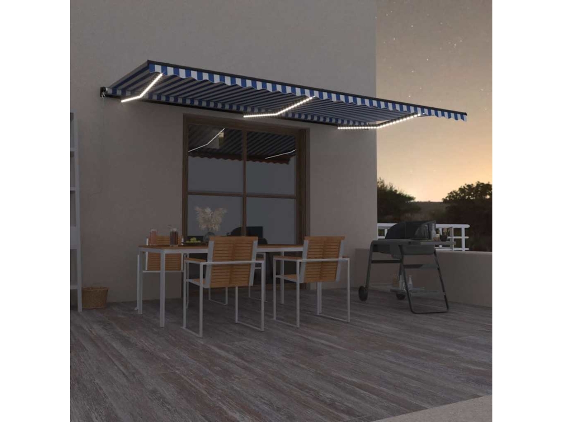 Vidaxl Toldo Retrátil Manual Com Led 600x300 Cm Azul E Branco