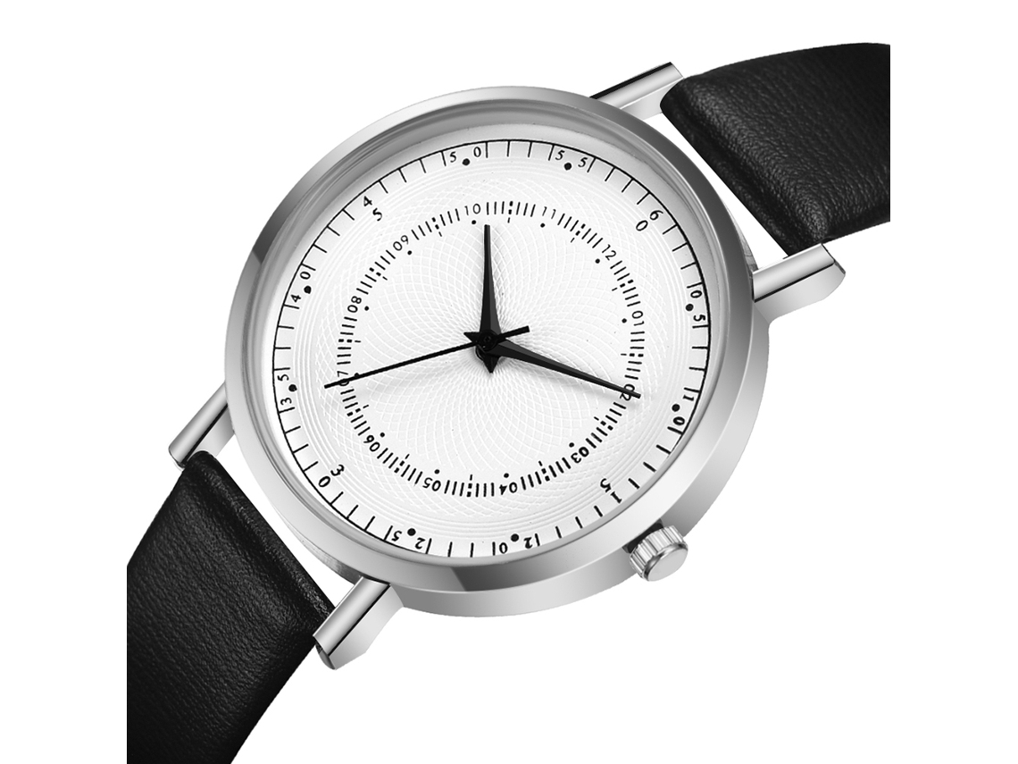 Relógio de pulso casual de quartzo redondo com pulseira de PU (preto e prata)