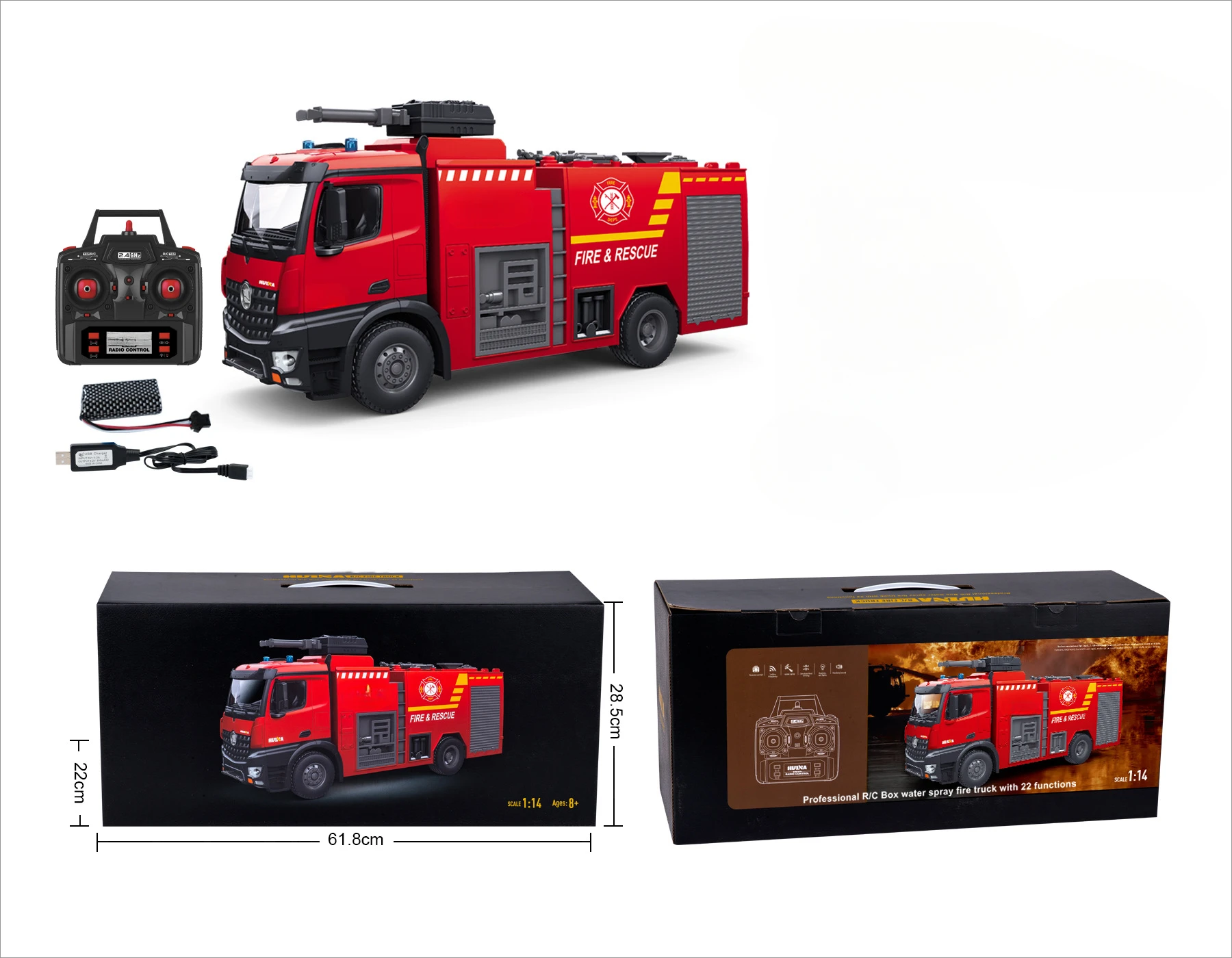 Caminhão De Bombeiros Controlado Remotamente Com Luzes Led E Efeitos Sonoros Capaz De Lançar Água Para Extinguir Incêndios.