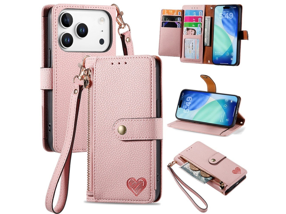 Capa Para Iphone 17 Pro Max Com Bloqueio Rfid, Zíper E Alça - Rosa